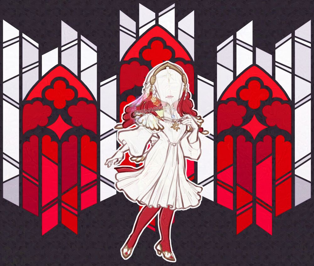 A chibi drawing of an angelic cleric who wears a white and red uniform. They stand in front of a stained glass pattern window in white and red.
