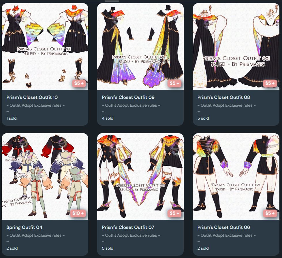 A screenshot of 6 Ko-Fi listings of different outfits priced at $10 each