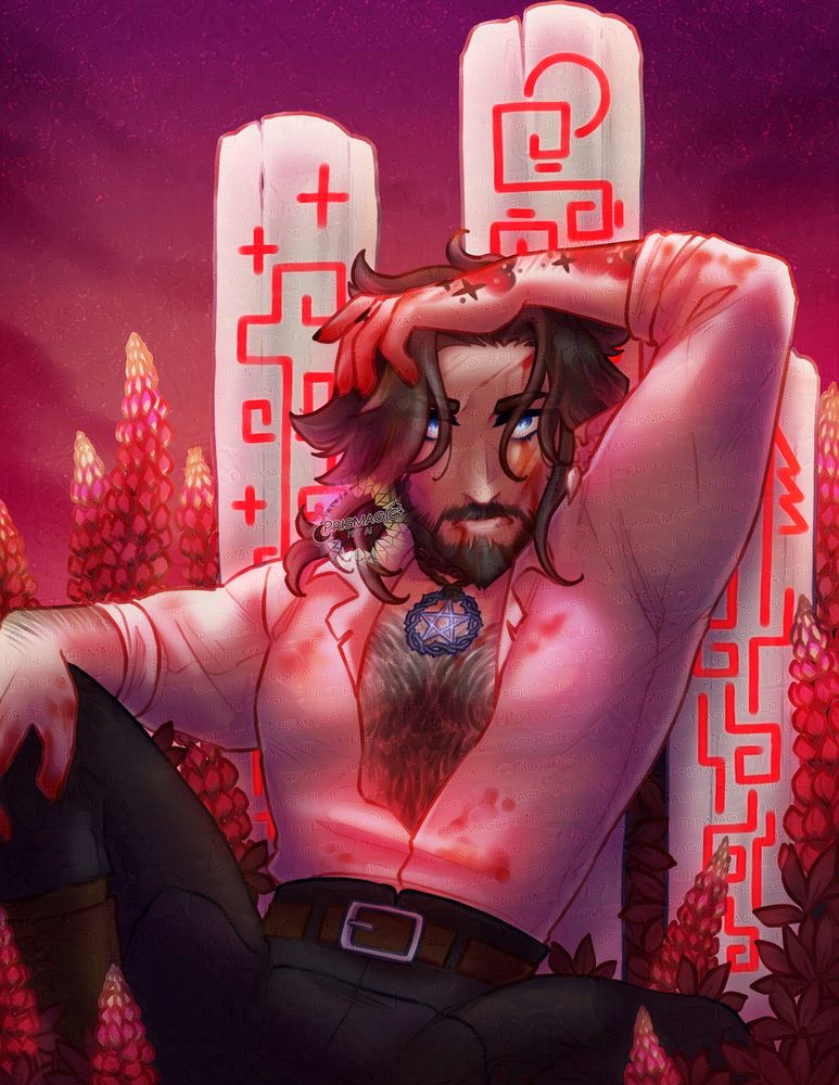 An illustration of a rugged man resting against a trio of abtract gravestones. The first gravestone has a simple pattern of stars and clouds, the middle has clouds and a moon, and the last gravestone has a couple of pinetrees and a stream. The man is wolfish with shaggy hair and bright blue eyes, he wears bloodied clothing and an amulet made of iron and silver. He's surrounded by red lupine flowers with intense lighting from a bloodmoon overhead.