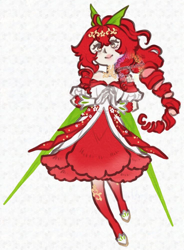 A chibi sketch of a red and green fairy wearing a white and red flower dress. She has her hands together and smiles curiously.