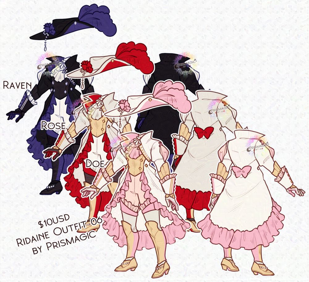 A victorian suit and armor outfit with a long skirt-like jacket. It has three different colour palettes which are labelled raven in black and purple, rose in cream and red, and doe in cream and pink.