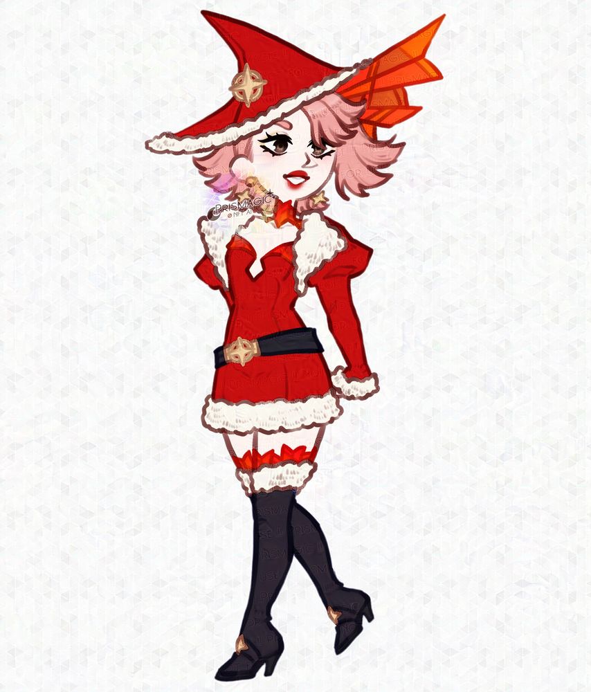 A chibi drawing of a pale skinned, brown eyed, pink haired witchsona. She wears a christmas/holiday outfit that is red with white fluff trim. Her hat, dress, and boots all have a stained glass pattern poking out from underneath them.