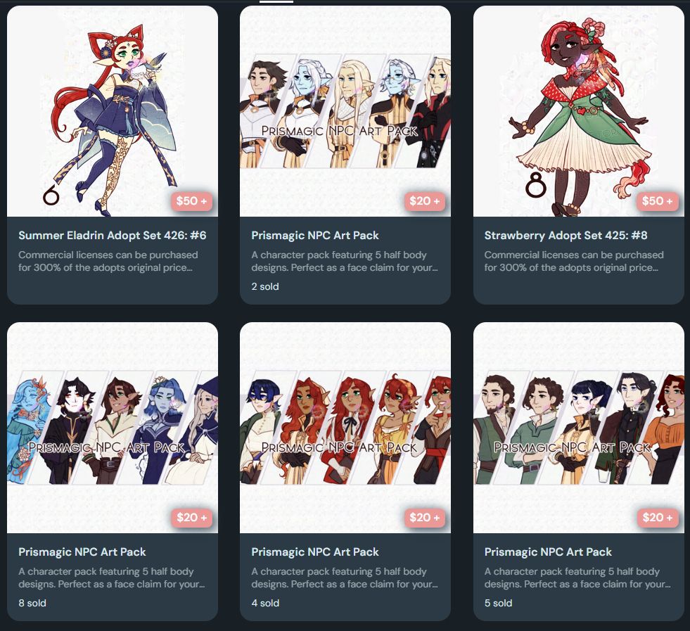 A screenshot of few adoptable Ko-Fi listings as well as a few NPC art packs