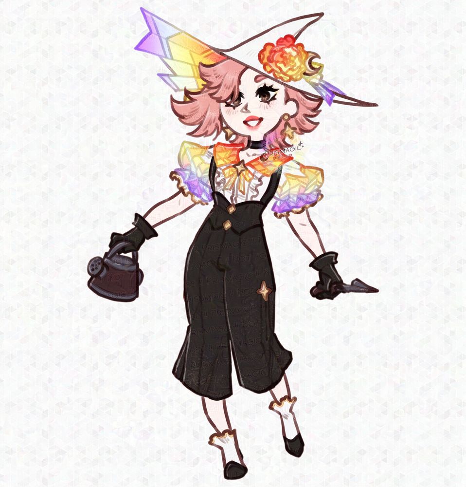 A digital drawing of a pale skinned, brown eyed, pink haired witchsona. She wears black overalls and a white shirt and witch hat that have rainbow stained glass panels. In her hands are a watering can and a spade.