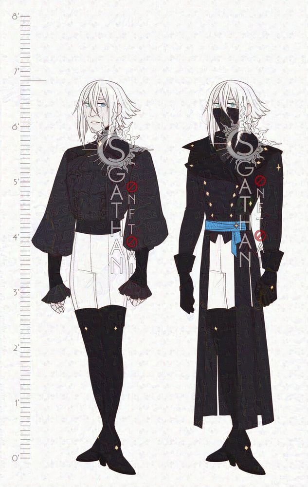 A reference sheet of a tall, pale skinned and white haired manikin (ball joint doll). He has dull blue eyes and a face mask with no articulation. His first outfit is a ruffled black dress shirt with fastened wrist guards, white pants, and a pair of thigh high black boots. His second outfit is similar, but has a black jacket over it with a large collar and a blue sash. He also wears gloves to cover his hands.