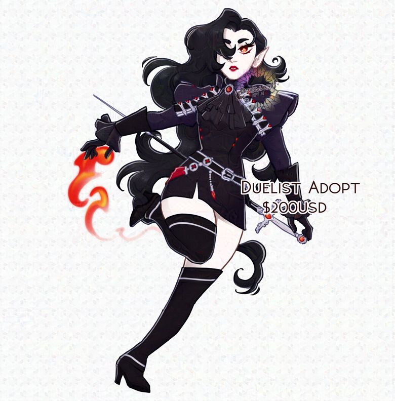 A full body art of an adoptable oc design. The character has black hair and red eyes, and wears a duelist outfit with a short dress and a cropped jacket. They have thigh high boots, and carry a silver sword in one hand and a firebolt in the other.
