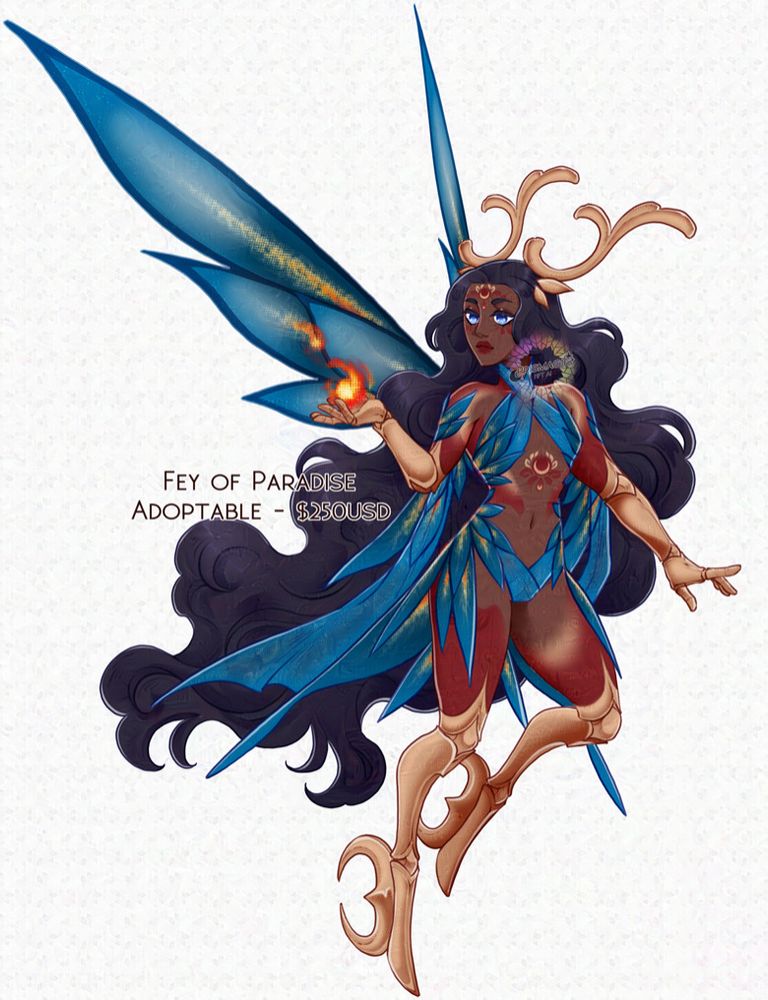 A full body drawing of a dark skinned fairy with long black hair and blue eyes. She has red and gold scale patterns on her skin, and bronze coloured metallic arms and legs and antlers. Her outfit and wings are teal, with fire coloured markings on the ends of them.