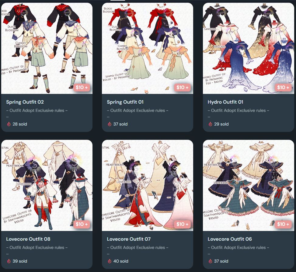 A screenshot of 6 Ko-Fi listings of different outfits priced at $10 each