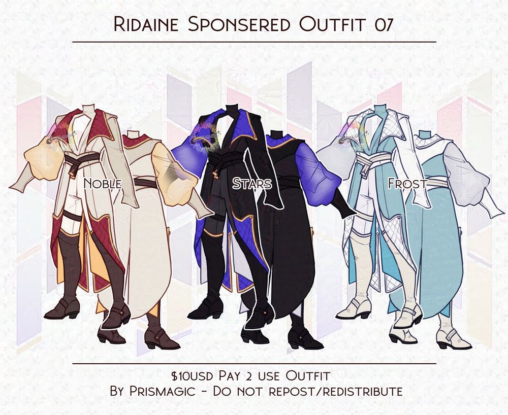 An ad for a roguish outfit in three different colour palettes.