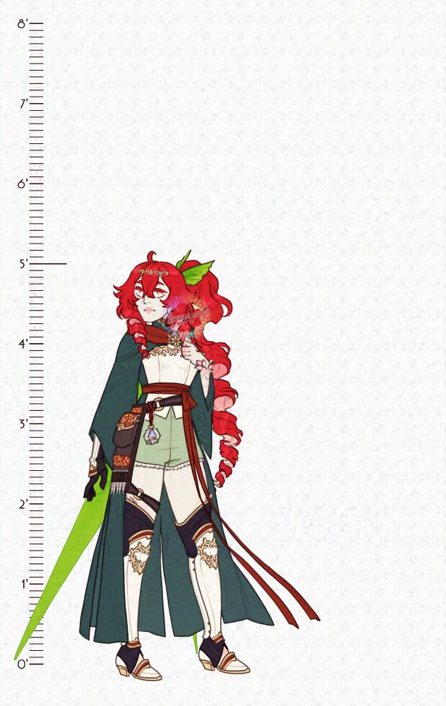A reference sheet of a fairy with pale skin, gold eyes, and long red hair with a pink underside. She wears a green jacket, white armor, and has a belt strapped to her leg. One of her hands wears a glove.