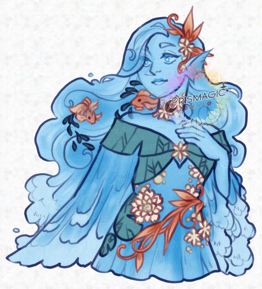 A half body portrait of a naiad. She is made entirely of water, and wears a lily pad shrug. In her hair floats some goldfish and a few minnows.