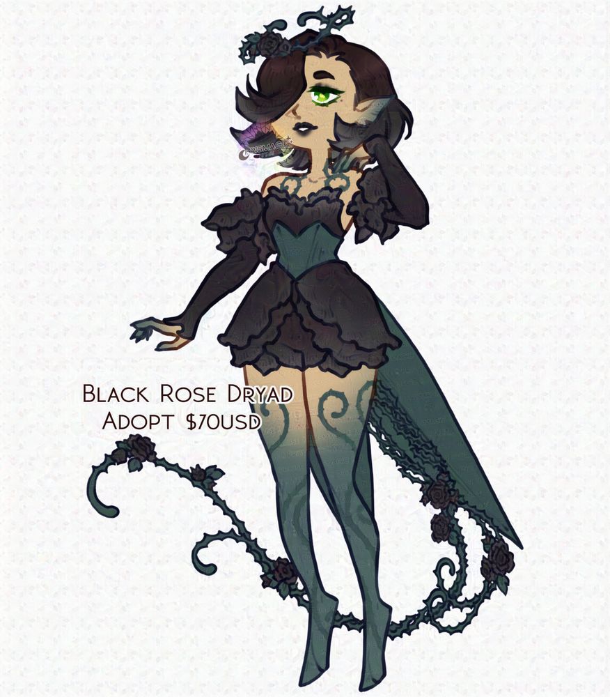 A chibi drawing of a dryad with olive skin and thorn markings on their skin. They wear an outfit made of black rose petals, and have thorn brambles for a tail and halo.