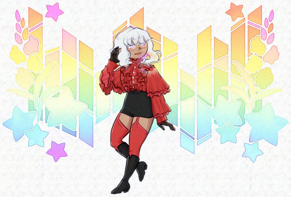 A chibi drawing of a white haired inidivual wearing black and red. The background is a stained glass pattern with stars and snapdragons in a rainbow gradient.
