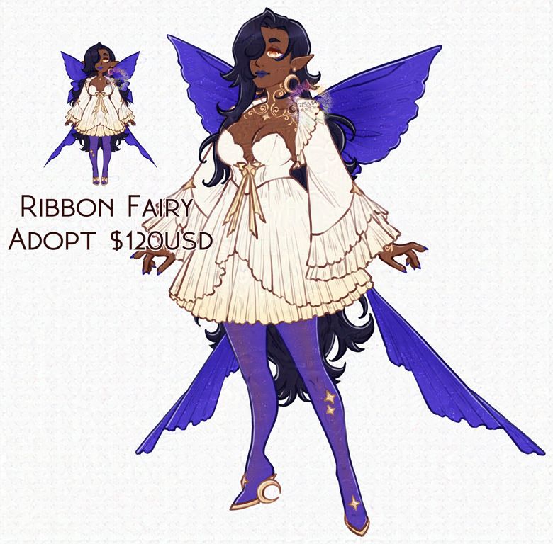 A fully body drawing of a dark skinned, gold eyed, black haired fairy adoptable. They wear a white outfit with blue tights, and gold accessories in the shapes of moons and stars. They have a set of fairy wings that look like a big bow.