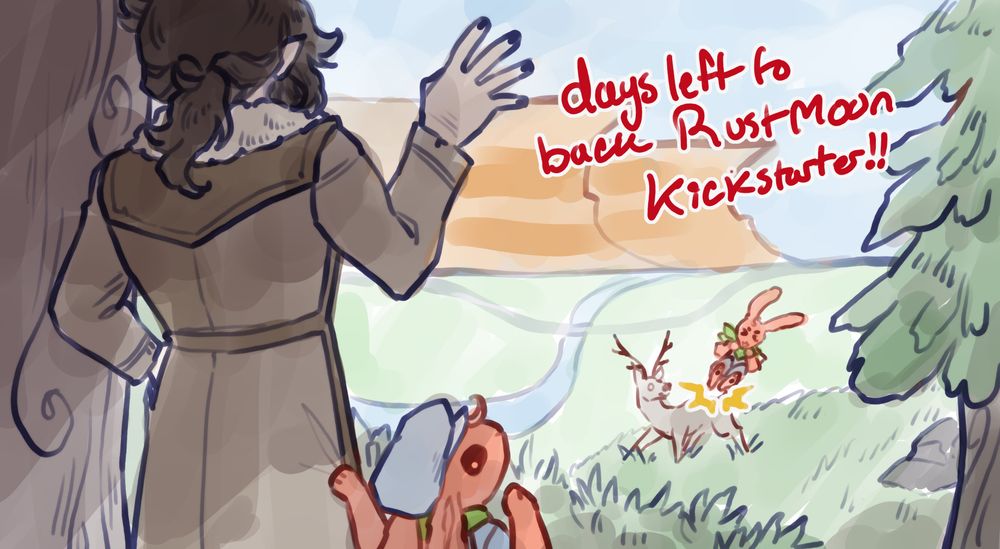 A sketchy illustration that depicts a scene between three characters out on a hunt. In the foreground a man leans against a tree while holding up four fingers (part of a piece of text that says "4 days left to back Rust Moon kickstarter"), while a young wererabbit stands next to him, holding onto his jacket. Further down the hill, an older wererabbit is taking down a deer with a flying kick.