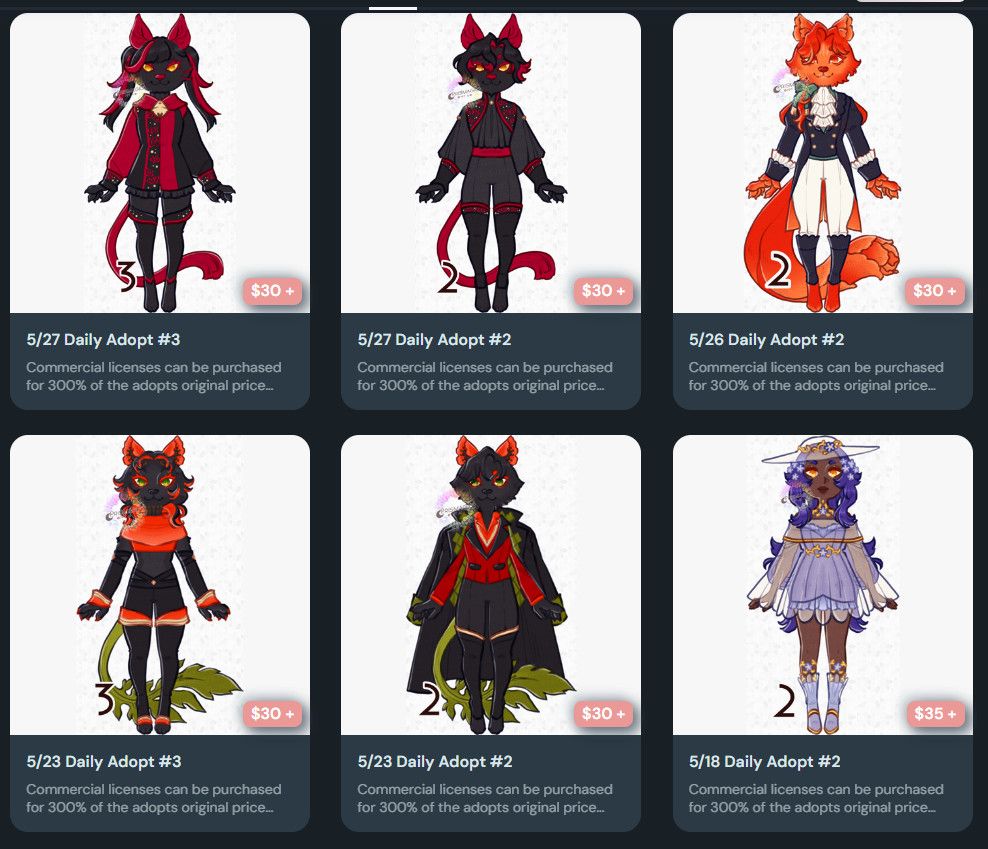 A screenshot from Ko-Fi displaying six adoptable designs, some of them are tabaxi themed.