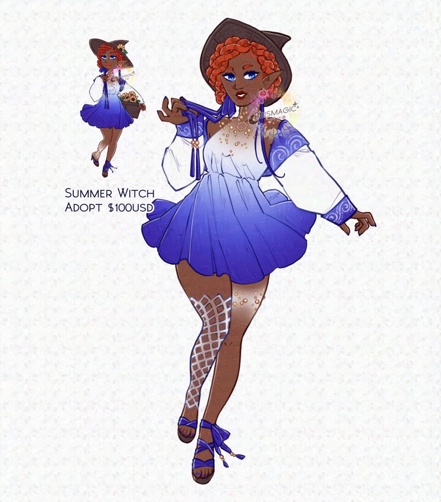A character design of a dark skinned witch with red locs twisted into a bun. She has blue eyes, and wears a white and blue outfit. To the left is a smaller chibi of her original design, who holds a basket of sunflowers.