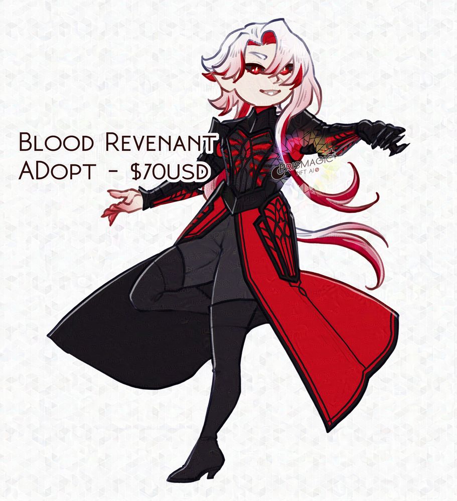 A chibi design of a vampiric character wearing gothic window frame themed armor. They have white and red hair, and black and red eyes.