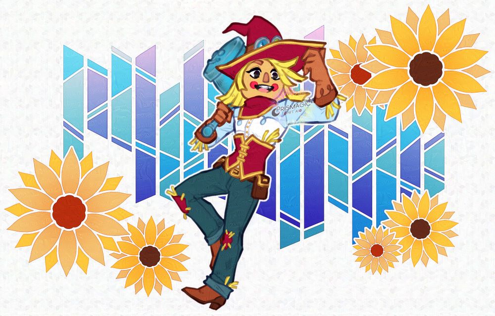 A chibi drawing of a scarecrow warforged holding a hammer with a silly face on it. The background is a stained glass motif with sunflowers on it.
