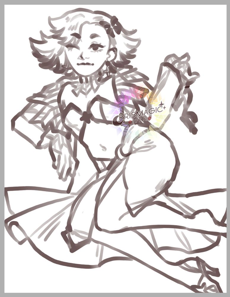 A screenshot of a black and white sketch of Prism lounding with aq long jacket on. She holds one of her heels in her hand and winks at the camera.