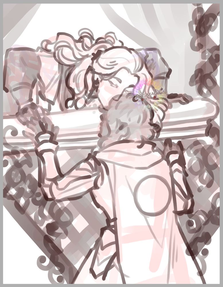 A black and white sketch of two men on a balcony. One is climbing up a trellis to receive a kiss from the man waiting at the top.