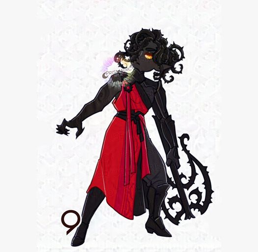 A chibi character design of a black skinned, thorn bramble haired Elf. They wear some pieces of black armor and a red covercoat. They hold a thorny axe in one hand.