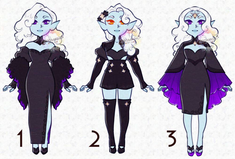 A trio of winter eladrin themed designs. Each has blue skin and white, snowy hair. They wear similar outfits in black and violet, vaguely themed after the crocus flower.