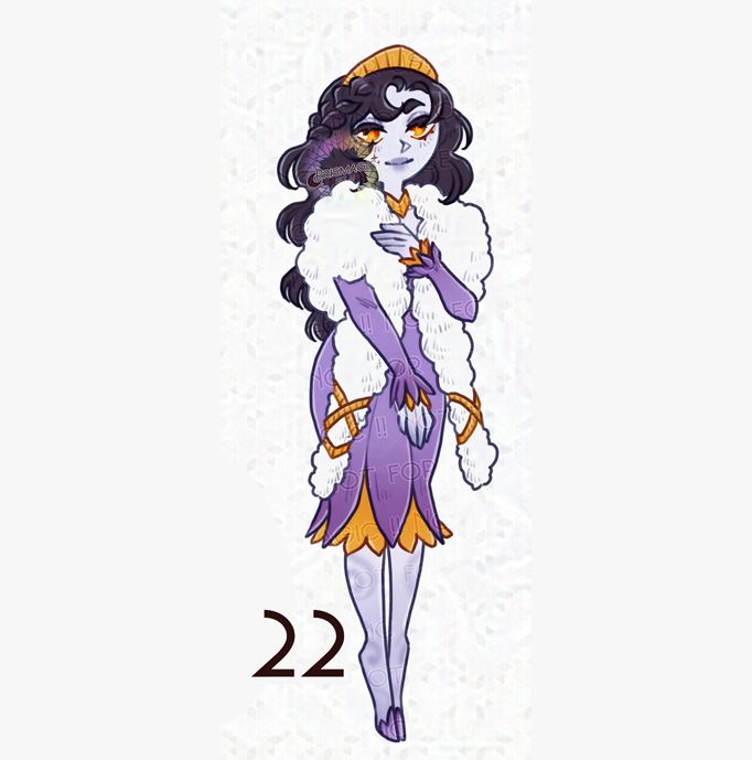 A chibi of a purple skinned dryad with insect like legs. She has long black hair and gold eyes, and wears a purple dress with a fluffy white shawl over the shoulders.