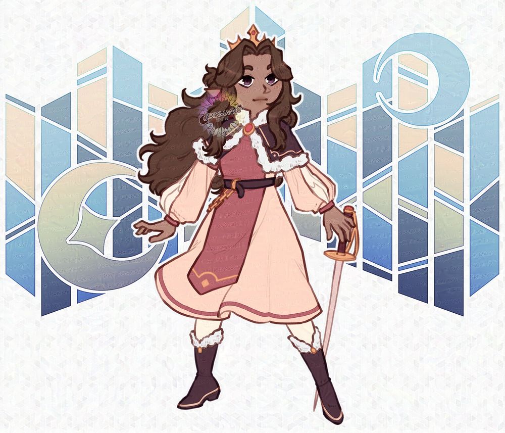 A chibi drawing of a princess with tanned skin and brown hair. She wears a pink dress, carries a sword, and stands in front of a blue and gold stained glass motif with crescent moons embedded into it.