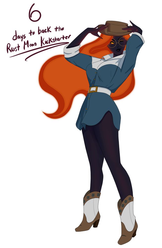 Digital art of a fire/lava genasi with long flowy hair and black skin. She wears a blue and white shirt with a cowboy hat and matching boots. She winks at the viewer. The drawing is a reference to Gil Elvgren's "Something New."