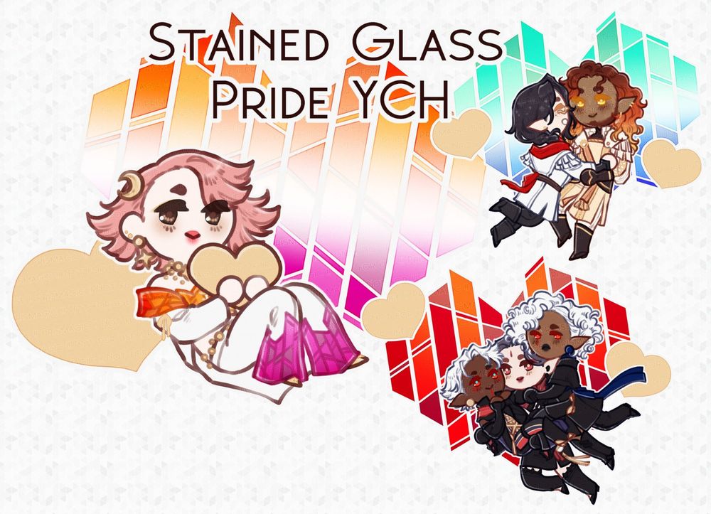 A cover page for a stained glass pride YCH with three examples of finished commissions. Each features either a single, double, or triple character pose over a stained glass heart.