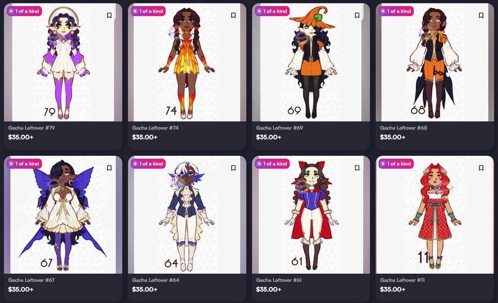 A screenshot of vgen's shop page featuring 6 different chibi character designs that are for sale for $35.
