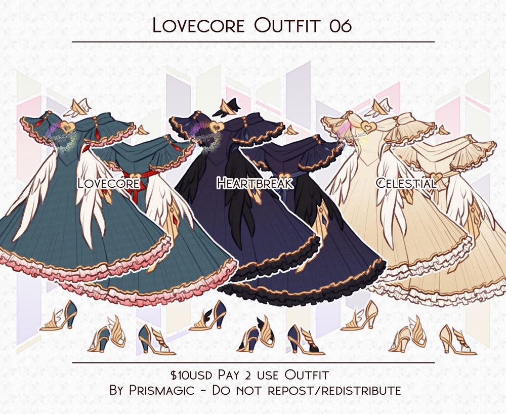 A frilly, midi dress with off the shoulder sleeves and angelic wing sashes around the waist. It comes in three different colour palettes; yellow (named celestial), purple (named heartbreaker), and red & teal (named lovecore).