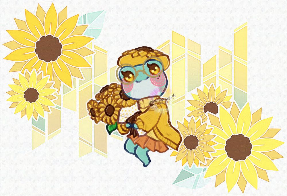 A little chibi doodle of a small frog wearing a yellow cardigan and a sunflower hat. She carres a bouquet of sunflowers. The background is a stained glass pattern with sunflowers on it.