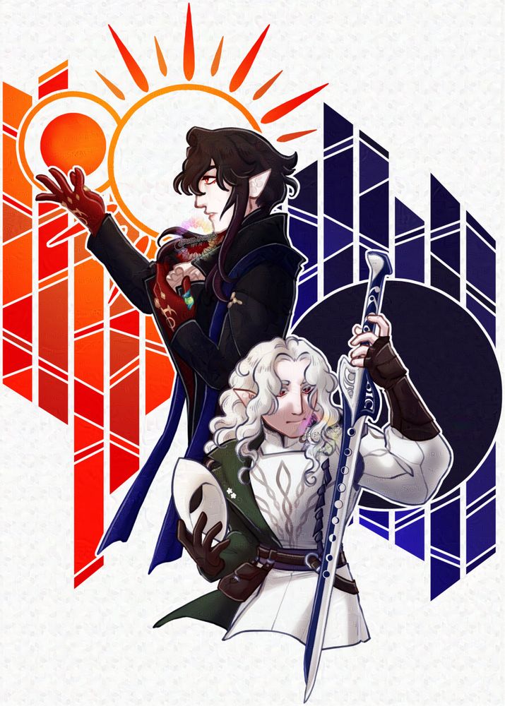 An illustration of two men. The upper left is a fire genasi with sparkling black hair and intense red eyes. He wears a dark coat, and red gloves. A green crystal ring stands out on his left hand, while his right hand holds aloft a glowing orb that is part of the stained glass background. His head is encircled by a halo. On the lower right, an albino dhampir with deep red eyes poses with a mask in one hand and a white and blue sword in the other. He wears a green tunic with a half body green jacket. He is encircled by a large dark halo which is part of the stained glass background.