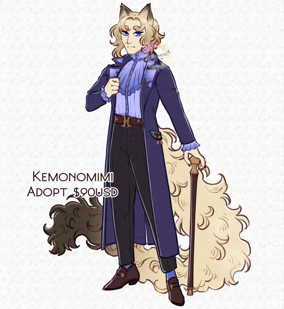 A full body drawing of a kemonomimi style character. Their general colouration looks like a siamese cat, and they wear a fancy outfit with a purple shirt and jacket.