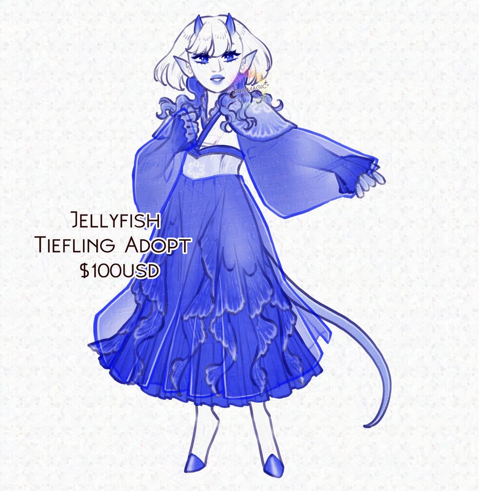 A full body adoptable of a white tiefling with white jellyfish style hair. They wear a white and blue outfit that mimics a jellyfish's fins.