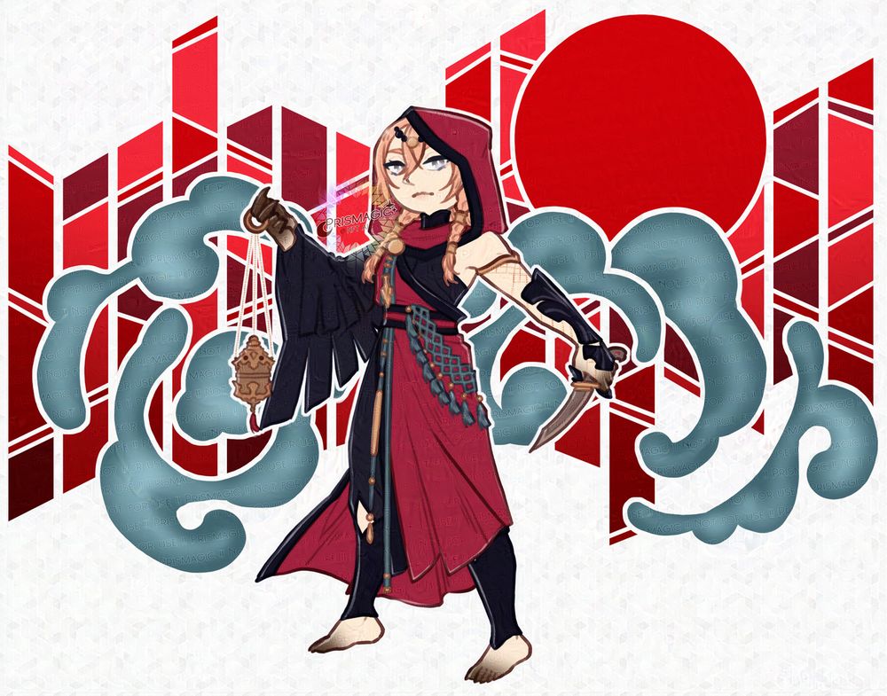A chibi drawing of a pink haired cleric dressed in red and black robes. She carries a censer in one hand and a dagger in the other. The background is a stained glass motif of a bloodmoon and green smoke.