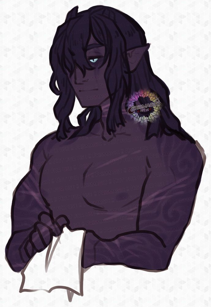 A half body portrait of a shirtless tiefling man. He has purple skin with darker skin markings swirled onto his arms. He wipes his hands with a towel, the rest of his isn't drawn but he's wearing pants I promise.