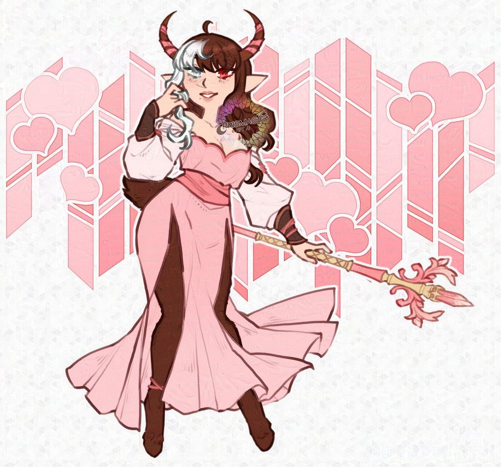 A coloured chibi of a satyr woman with long brown & white hair, horns covered in ribbons, who wears a pink dress and carries a pink and gold staff. The background is a stained glass pattern with little hearts over it. One of her eyes is red, while the other is silver.