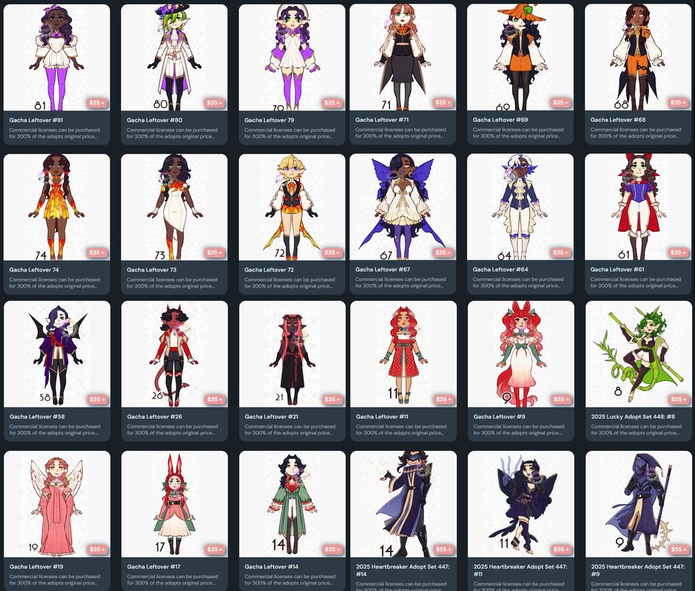 A screenshot of several ko-fi shop listings. Each adoptable design is different, and most are priced at $35 or $55.