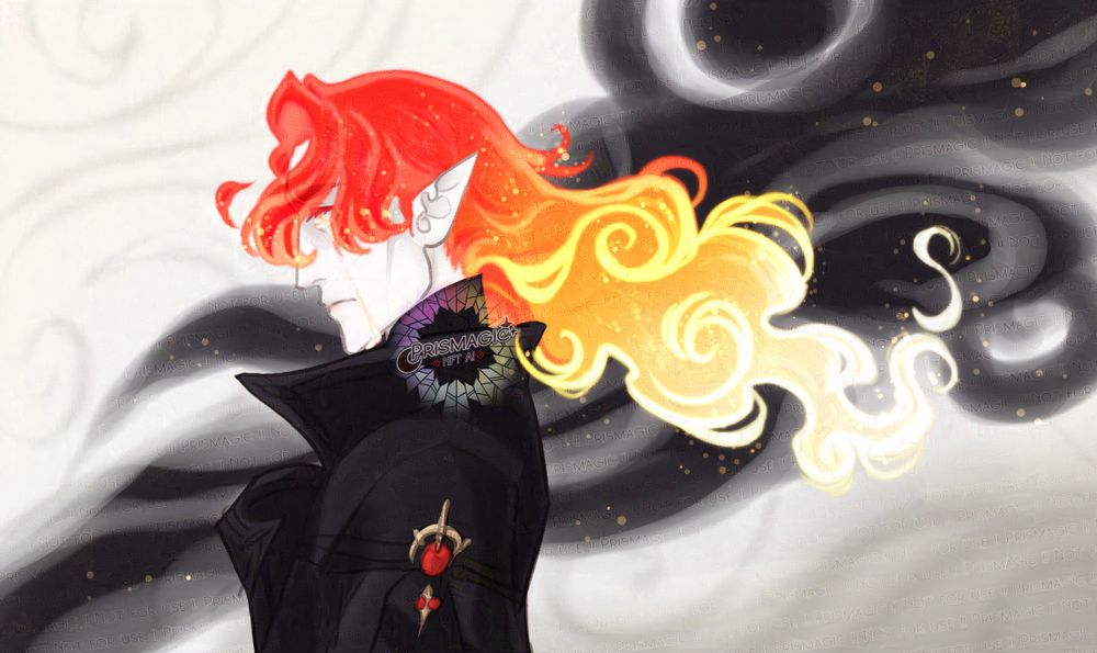 A digital illustration of a D&D character. He is a fire genasi with long billowing flames for hair, wearing a black jacket with gold and red jewelry on it. He faces one side with tears falling down his guilt filled expression. Behind him, a plume of smoke and smog billows past.