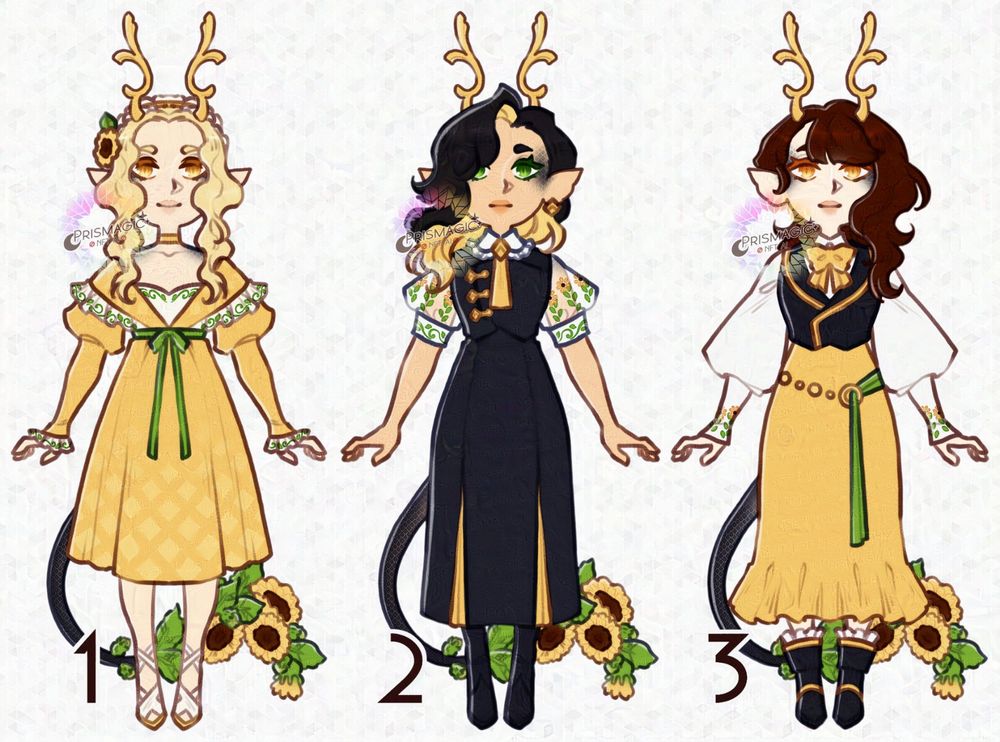 A trio of sunflower dragon themed designs. Each has a different yellow, green, and black outfit but has a similar set of yellow horns and a tail tipped with sunflowers.