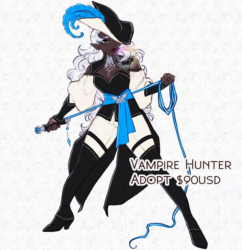 A full body design of a vampire hunter. She has dark skin, black eyes, and long silver hair. She wears a black, white, and blue outfit with a pointed hat. In her hands are a glowing blue whip.