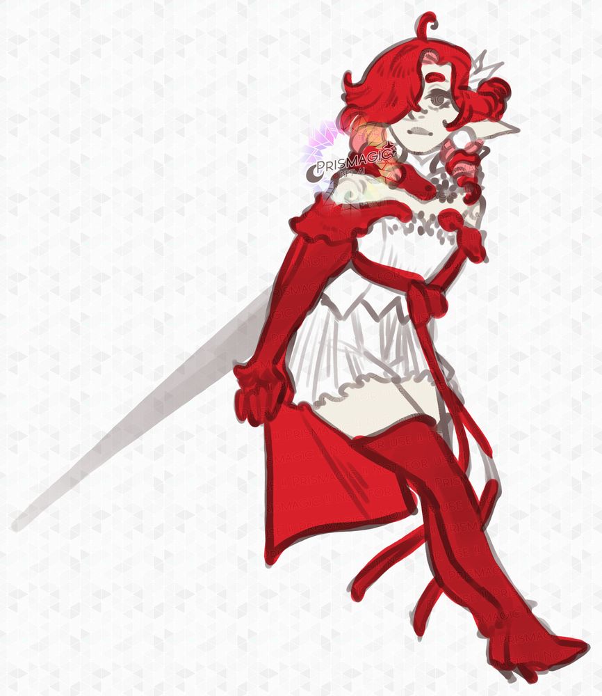 A full body sketch of a fairy with pale skin and red hair. She wears a white outfit with red gloves and boots.