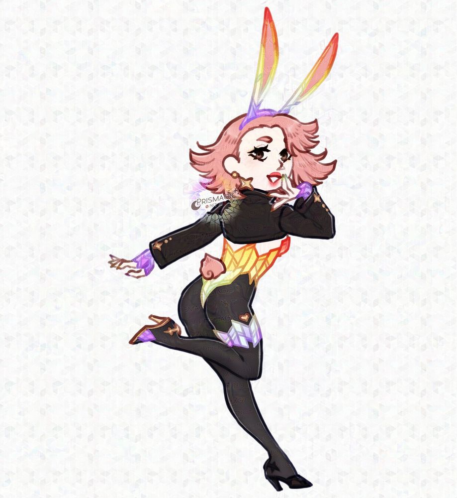 A drawing of a sona with pale skin, pink hair, and brown eyes. She poses mid hop with a hand to her face and a smile. She is wearing a rainbow bunny suit and a black bolero.