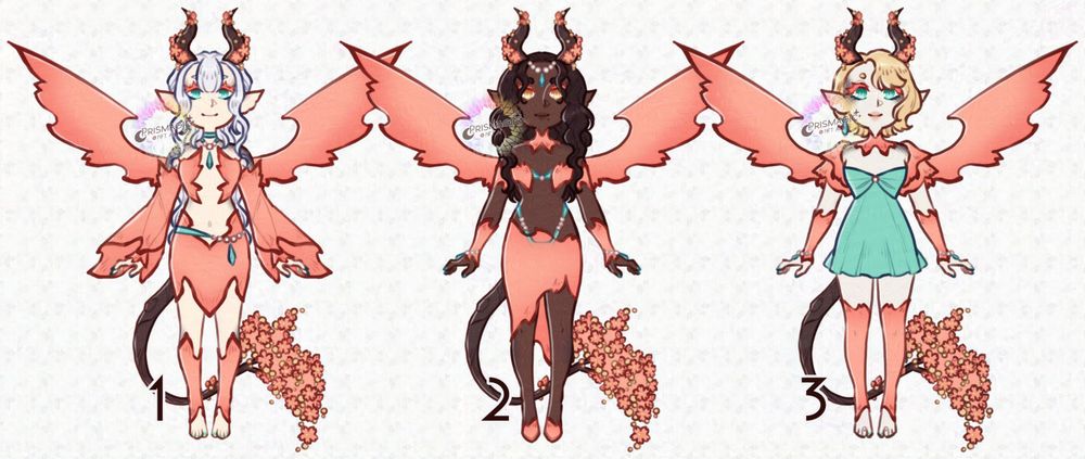 A trio of three pink flower themed draconic characters. Each has the same branch like horns and tail but wears a different flower petal inspired outfit.