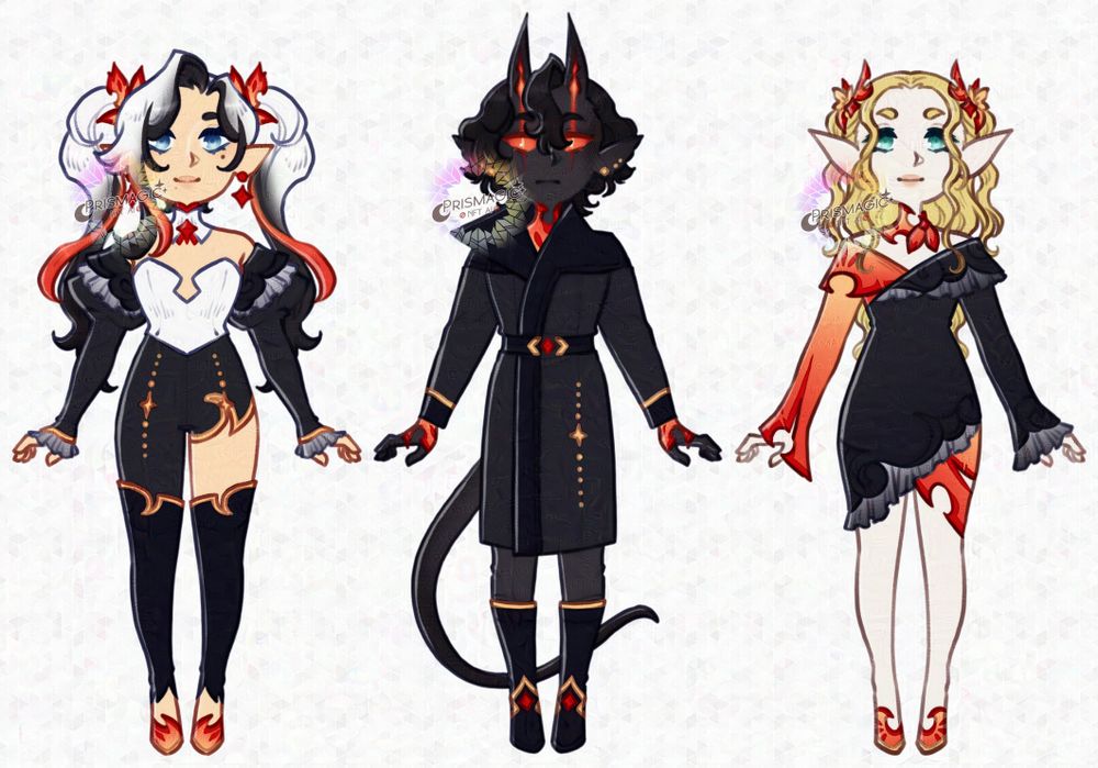 A trio of three adoptable designs with a similar black, white, and orange colour scheme.