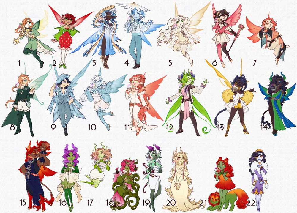 A set of 22 fey inspired adopts. There are a lot of designs present, most of which fall under the category of Fairy, satyr, or dryad.