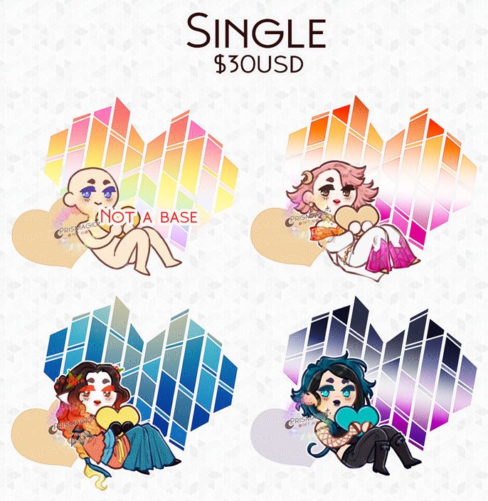An example page with text at the top saying "Single. $30usd." The examples are of a little chibi holding a heart while sitting on a stained glass heart background.